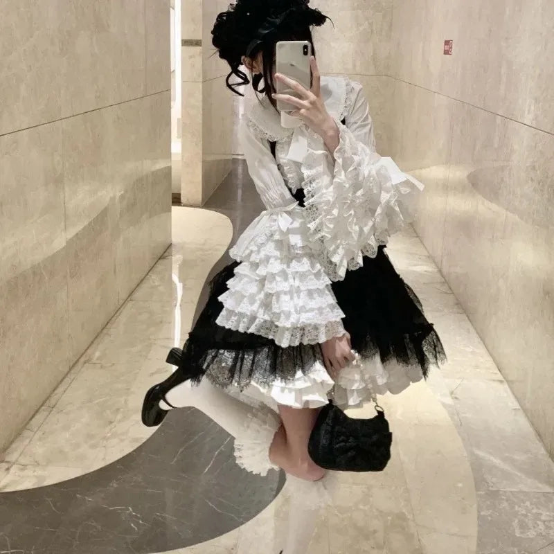 Lolita Lace Blouse Shirt Sweet Women Graduate Cute Ruffle Kawaii Tops Layer Bell Flare Sleeve Princess Doll Collar With Bow