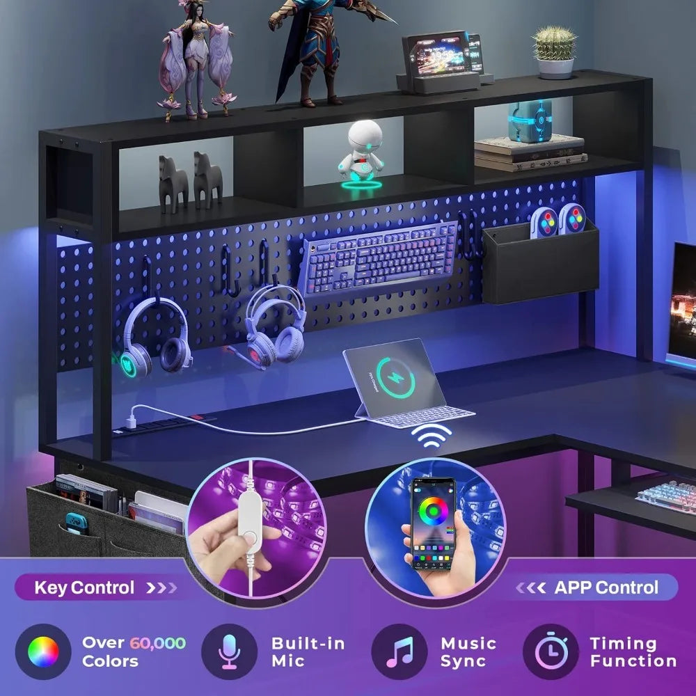 L Shaped Gaming Desk with Power Outlet LED Lights Keyboard Tray Pegboard Storage Bag Reversible Computer Desk for Home Office