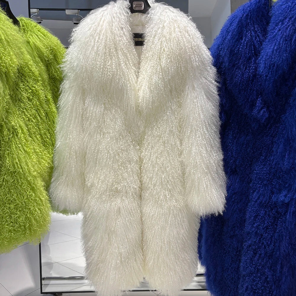 YOLOAgain 2025 Winter Warm Turn-Down Collar Real Mongolia Sheep Fur Jacket Long Women Plus Size 6XL Outerwear