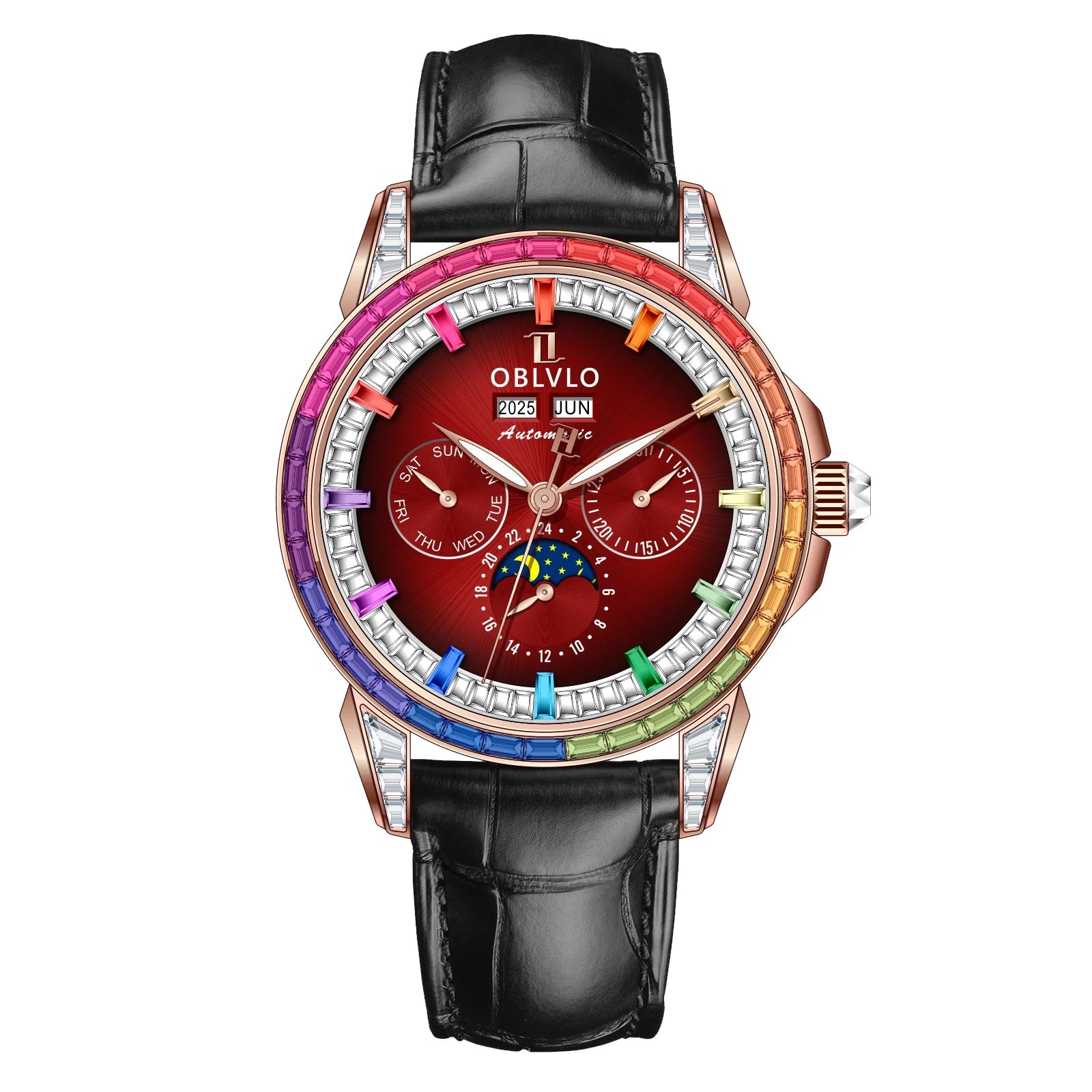 OBLVLO Men's Fashion Automatic Watch Colorful Zircon Moonphase Mechanical Multifunctional Black Leather Strap Timepiece...