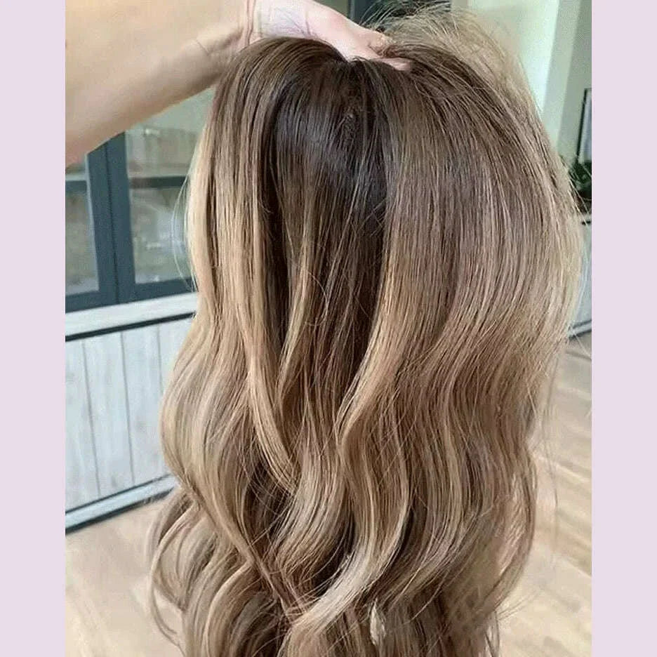 Premium European Synthetic Hair lace Top Jewish wig Brown caramel highlights colored lace front wig Hight Density For Women Use