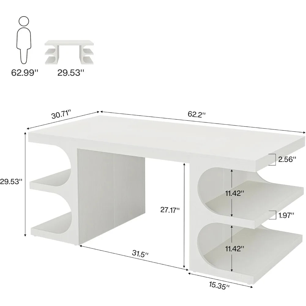 Office Desk, 63" Computer Desk with Storage Shelves, Modern Wood Study Writing Table, Large Workstation Business Furniture - Kimlud