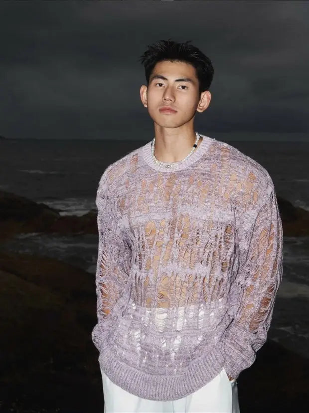 Sexy Hollow Qut Mesh Knit T Shirts Men See Through Ripped CrewNeek Pullover Tops For Mens 2025 Spring Fashion Knitting T-shirt - Kimlud