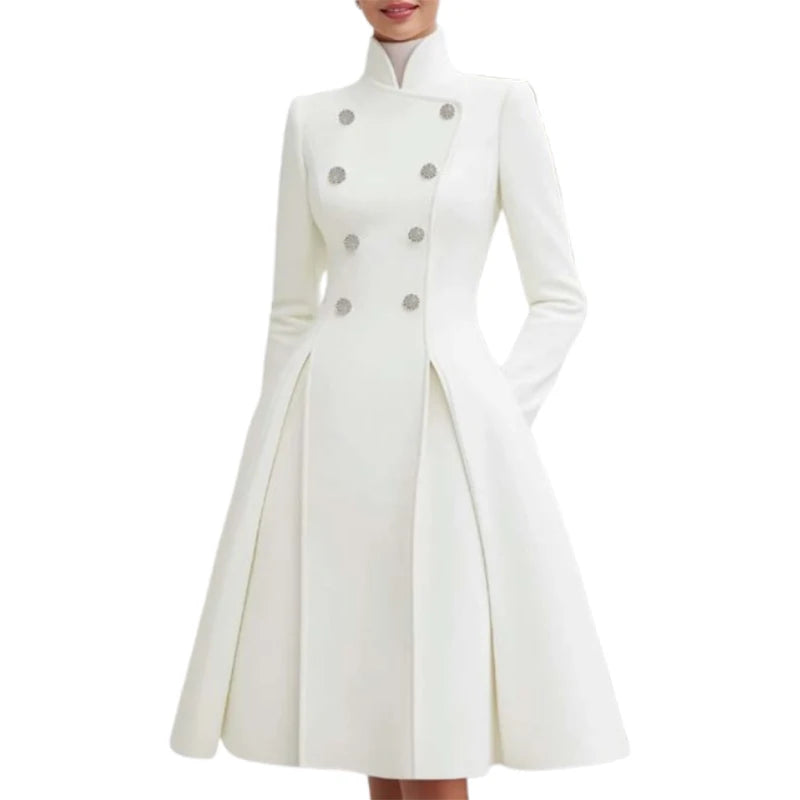 2026 New Women's Elegant White Evening Coat Dress High Neck Double Breasted Long Sleeves Urban Formal Office A-line...