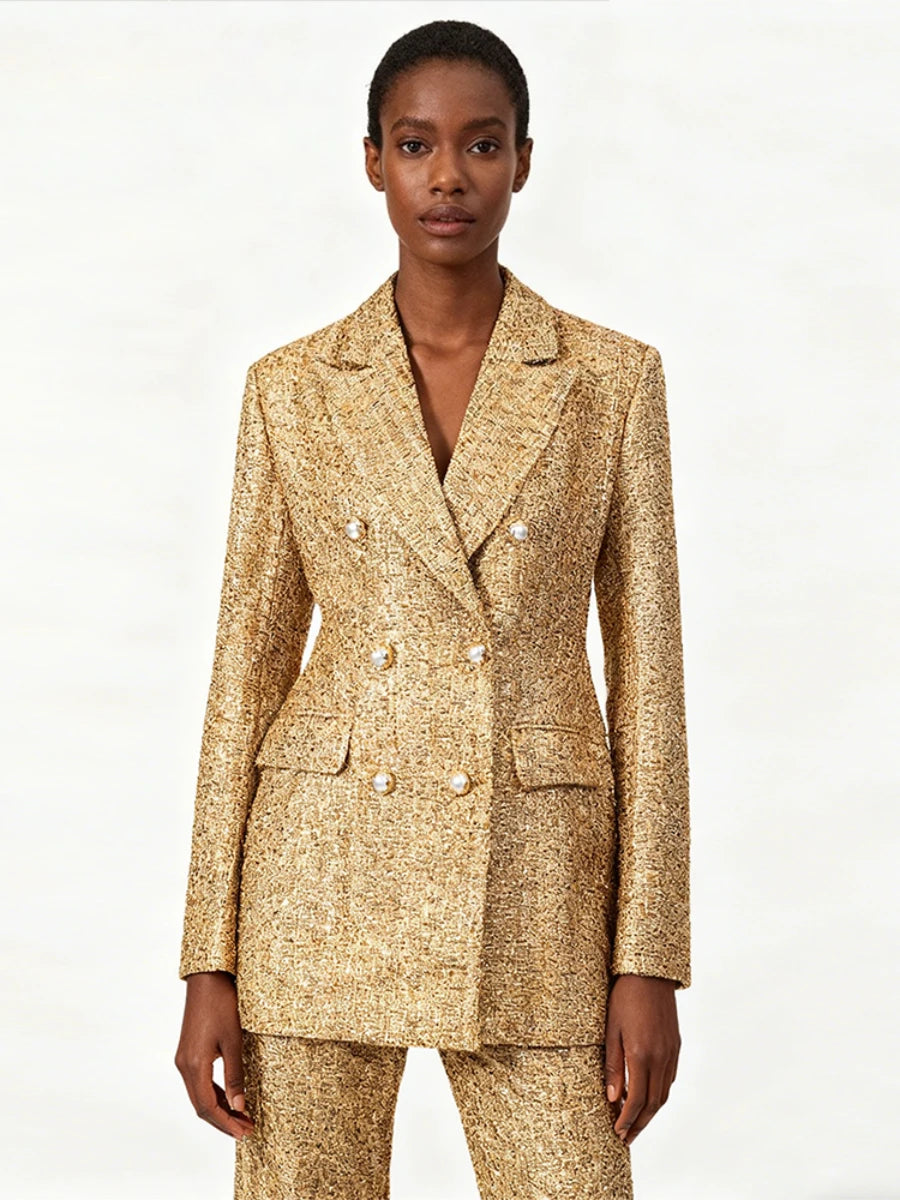 TWOTWINSTYLE Gold Slimming Spliced Double Breasted Fashion Blazers for Women Lapel Long Sleeves Tunic Temperament Blazer Female - Kimlud
