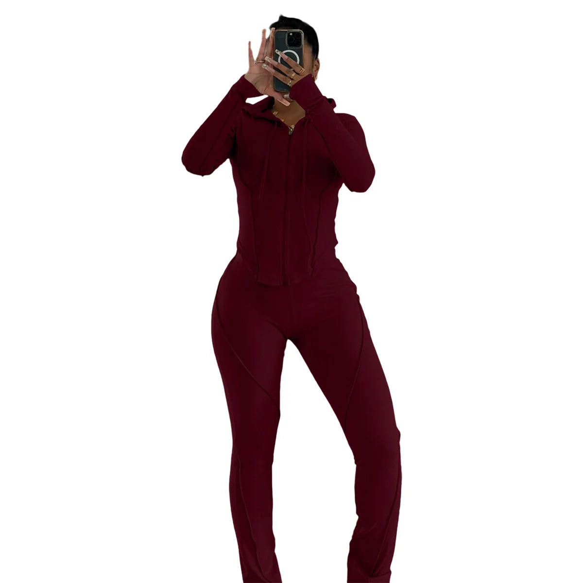 Splicing Lines Ribbed 2 Piece Set Women Tracksuits Long Sleeve Zipper Hooded Jackets Tops + Slit Flare Pants Slim Casual Suits