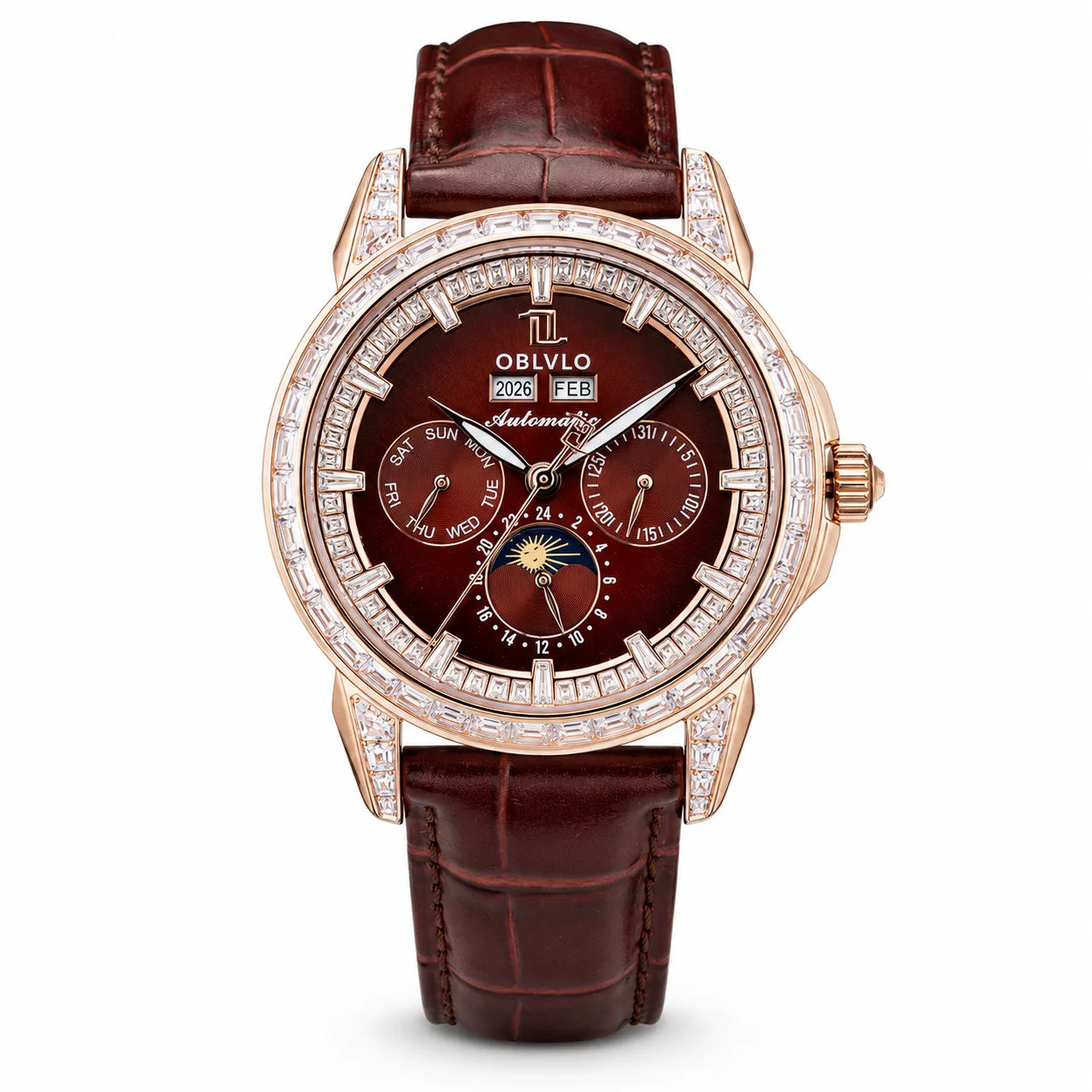 OBLVLO Men's Classic Watch with Colorful Diamonds Bezel Red Dial Mechanical Automatic Moonphase Multifunction Leather Strap GCM-MUT