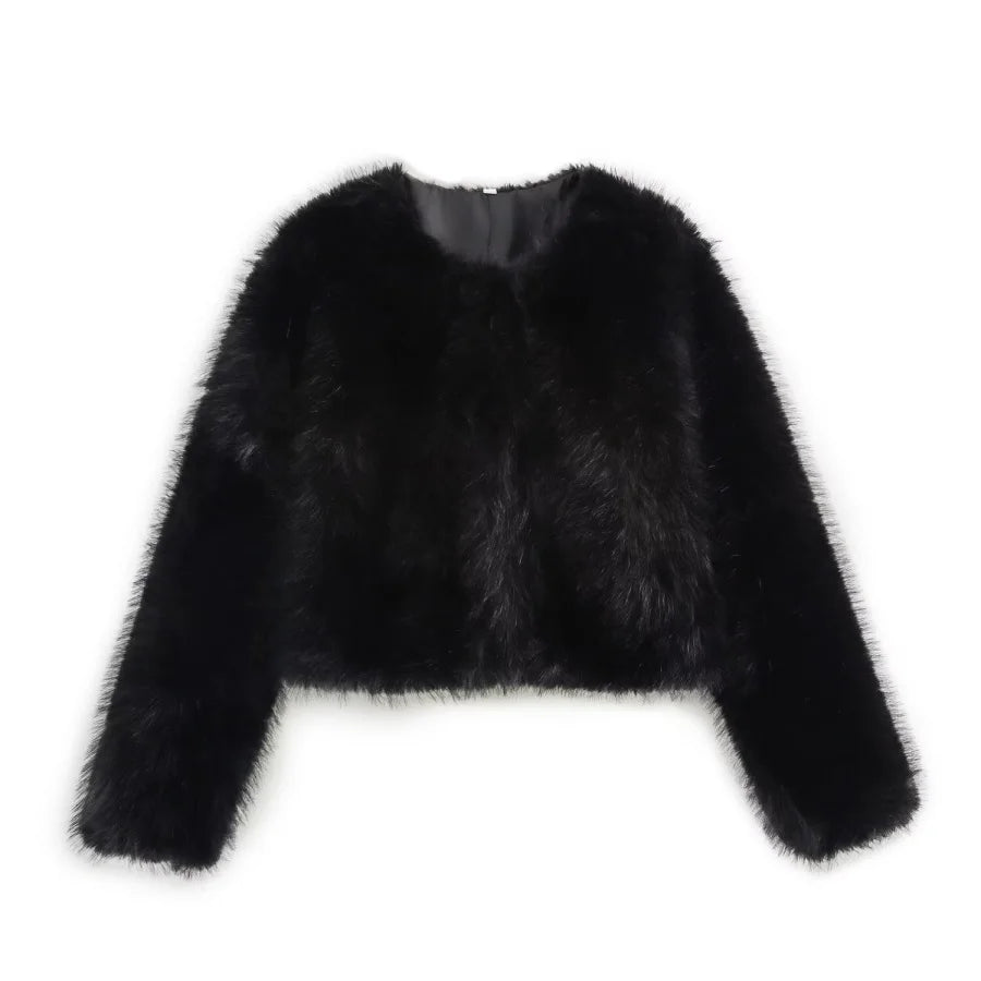 Faux fur jacket 2025 Fall/Winter New Fashion Women's Faux Fur Effect Round Neck Long Sleeve Short Jacket