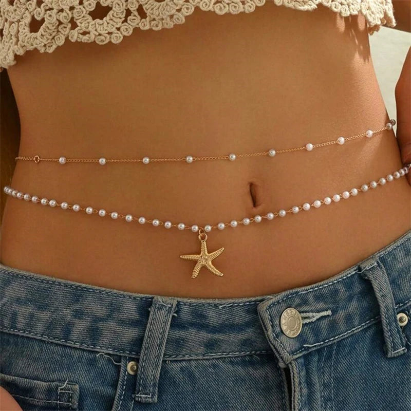 Fashionable Double Layer Imitation Pearl Chain Waist Chain for Women Minimalist Sexy Sequin Link Chain Belly Chain Beach Jewelry - Kimlud