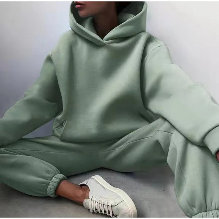 2 Pieces Set Women New Fashion Leisure Autumn Winter Pure Color Fleece Hooded two-piece Sports Suits Dropshipping LKX21660