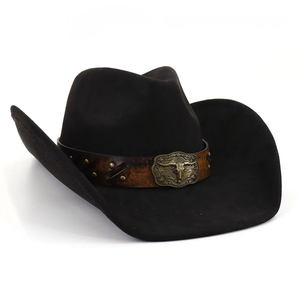 Western Big Brim Cowboy Hat Bull's Head Leather Band Suede Top Hat Outdoor Mens Hats Ladies Party Horse Riding Cowgirl...