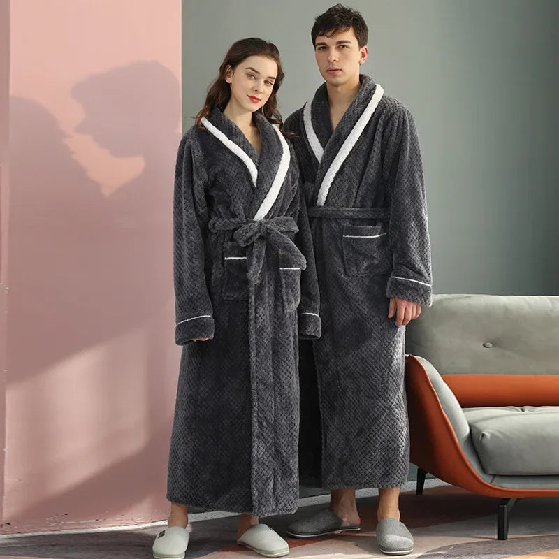 Winter Couple Flannel Robe Sets Lovers Solid Thicken Bathrobe Gown Nightwear with Pockets Intimate Lingerie & Cozy Home Clothing