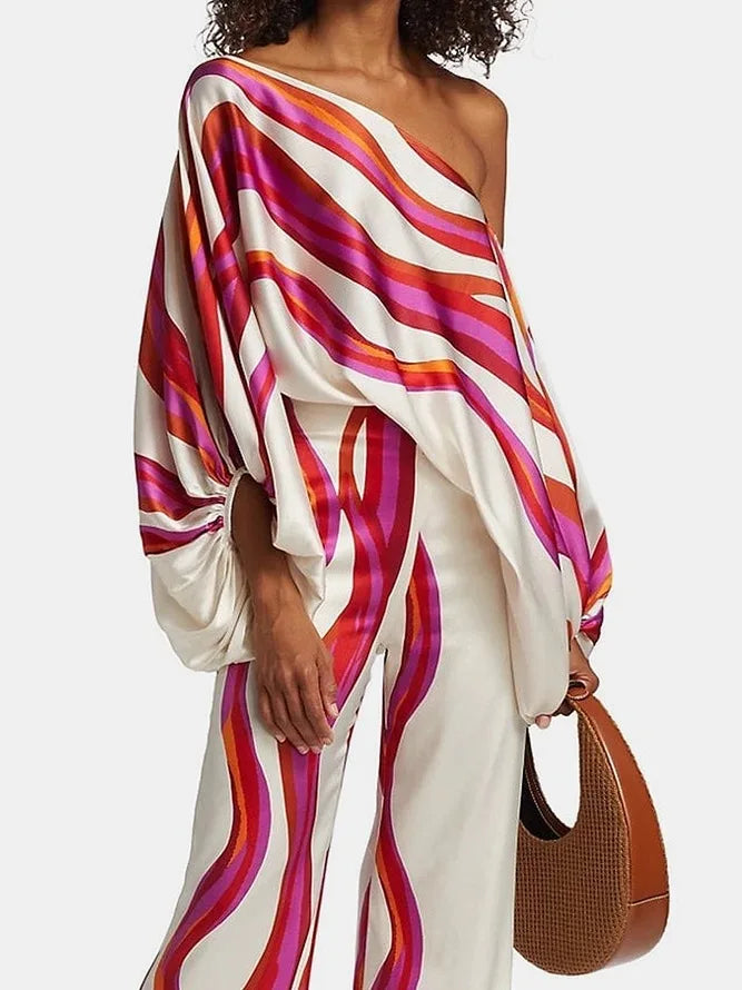 Women Satin Print Pajamas Suit Fashion Hollow Off Shoulder Tops with Long Pants 2 Piece Sets 2024 Homewear Commuting Outfits - Kimlud