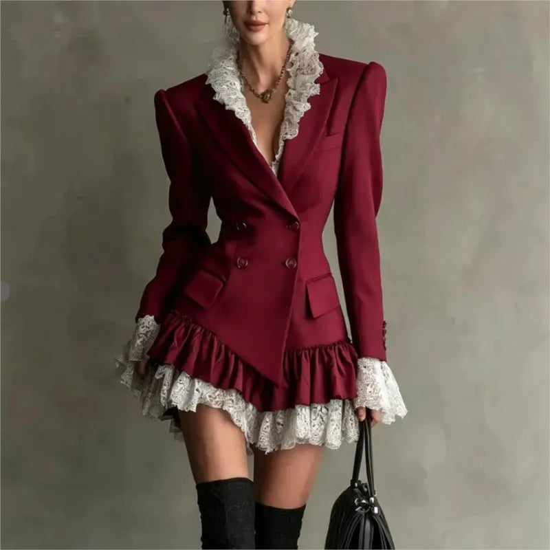Autumn Lapel DoubleâBreasted Lace Ruffle Mini Dresses Women Fashion Long Sleeve Short Dress Elegant Ladies Party...