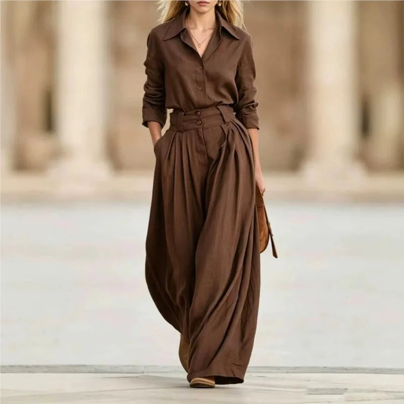 Women Solid Two Piece Outfit Autumn Lapel Long Sleeve Button Shirt + High Waist Pleated Wide Leg Pants Set Casual Office Suits