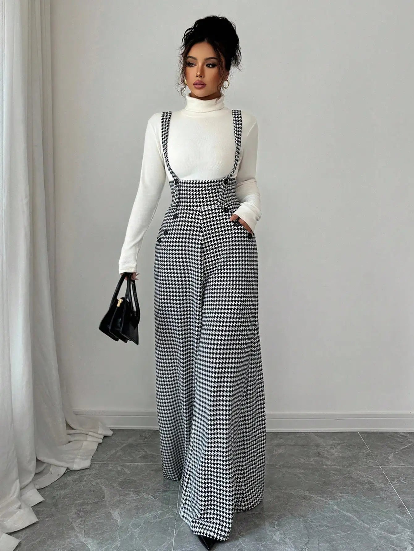 Overalls for Women's Winter Jumpsuit Black White Vintage Wide Leg Suspender Pants for Office Commute Casual Female...