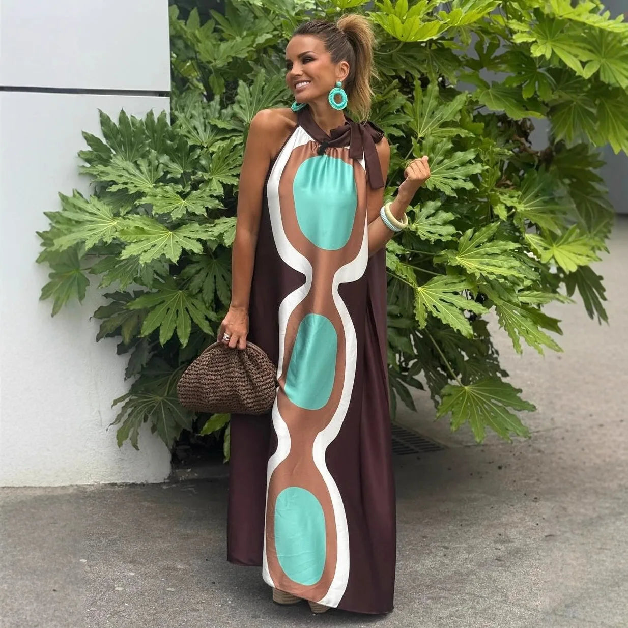 Casual Print Halter Neck Leace-up Long Dresses Women Summer New Vacation Style Loose Maxi Dress Female Vintage Commuting...