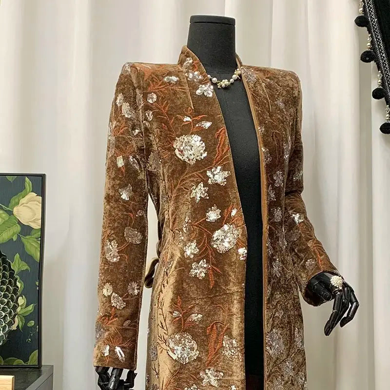 Women Spring Autumn New Heavyweight Sequined Embroidered Jacquard Coat Brown Velvet Stand-Collar Slim Fit Trench Coat Top