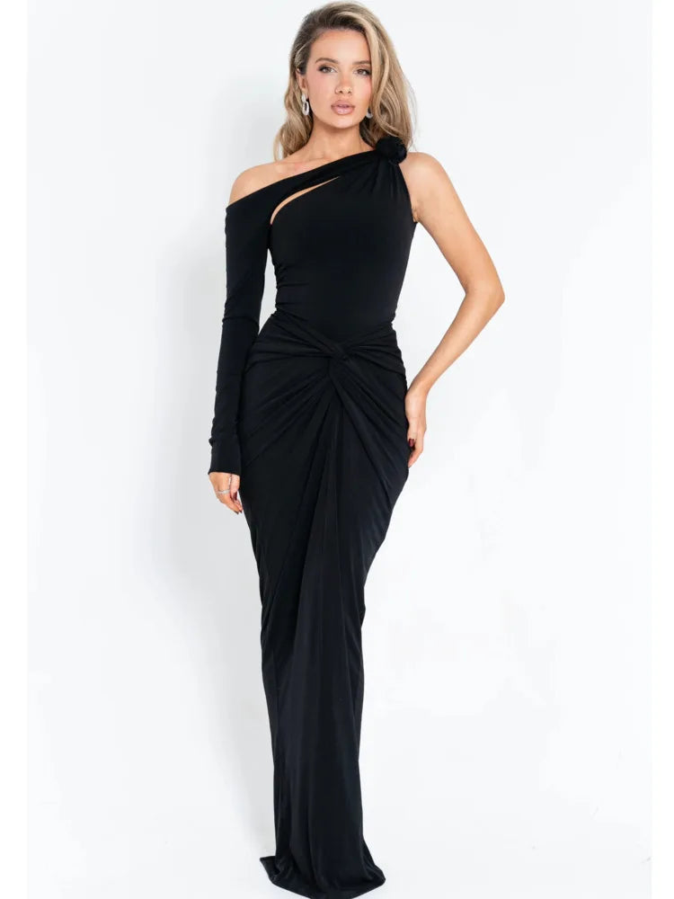 Kimlud Dresses - Articat Elegant Single Sleeve Irregular Hollow Out Bodycon Party Club Evening Dress Women Sexy Fold Spring/S