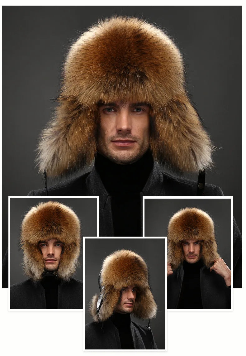 Hot high-end luxury fur hat Men's fox fur hat Lei Feng cap ear cap fur necessary hat Real fur hat 100% Sheepskin top fox hat