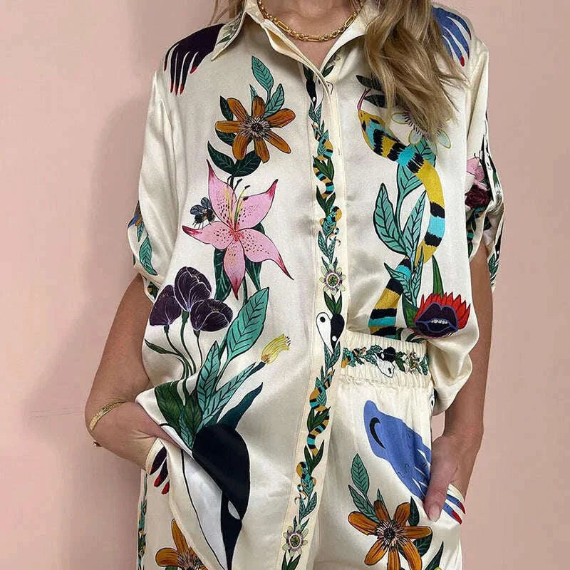 Long Sleeve Long Pant Sets Women Retro Lapel Single Breasted Blouses Trousers 2 Piece Set Printed Color-blocking Elastic Waist