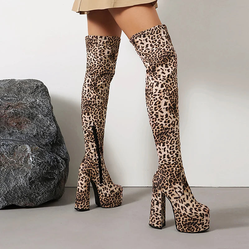 Plus Size High Platform Super Thick Heel Leopard Print Velvet Over The Knee Boots Roman Style Winter Sexy Long Boots