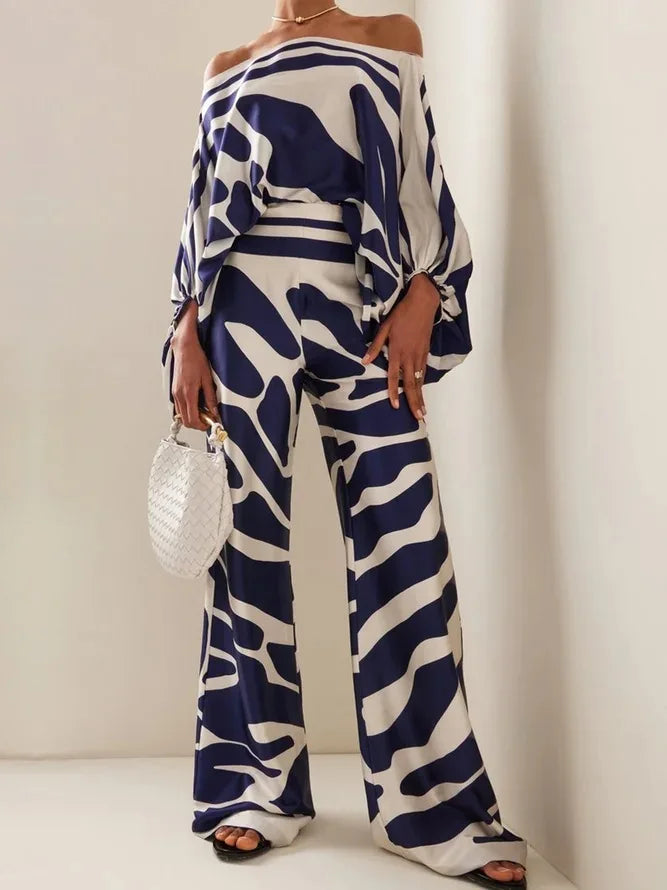 Women Satin Print Pajamas Suit Fashion Hollow Off Shoulder Tops with Long Pants 2 Piece Sets 2024 Homewear Commuting Outfits - Kimlud
