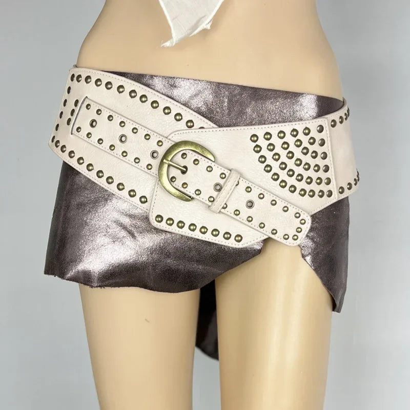 Vintage Rivet Punk Wide Belts American Y2K Metal Pu Spice Girls Waistband Western Heavy Duty Irregular Design Skirt Decoration