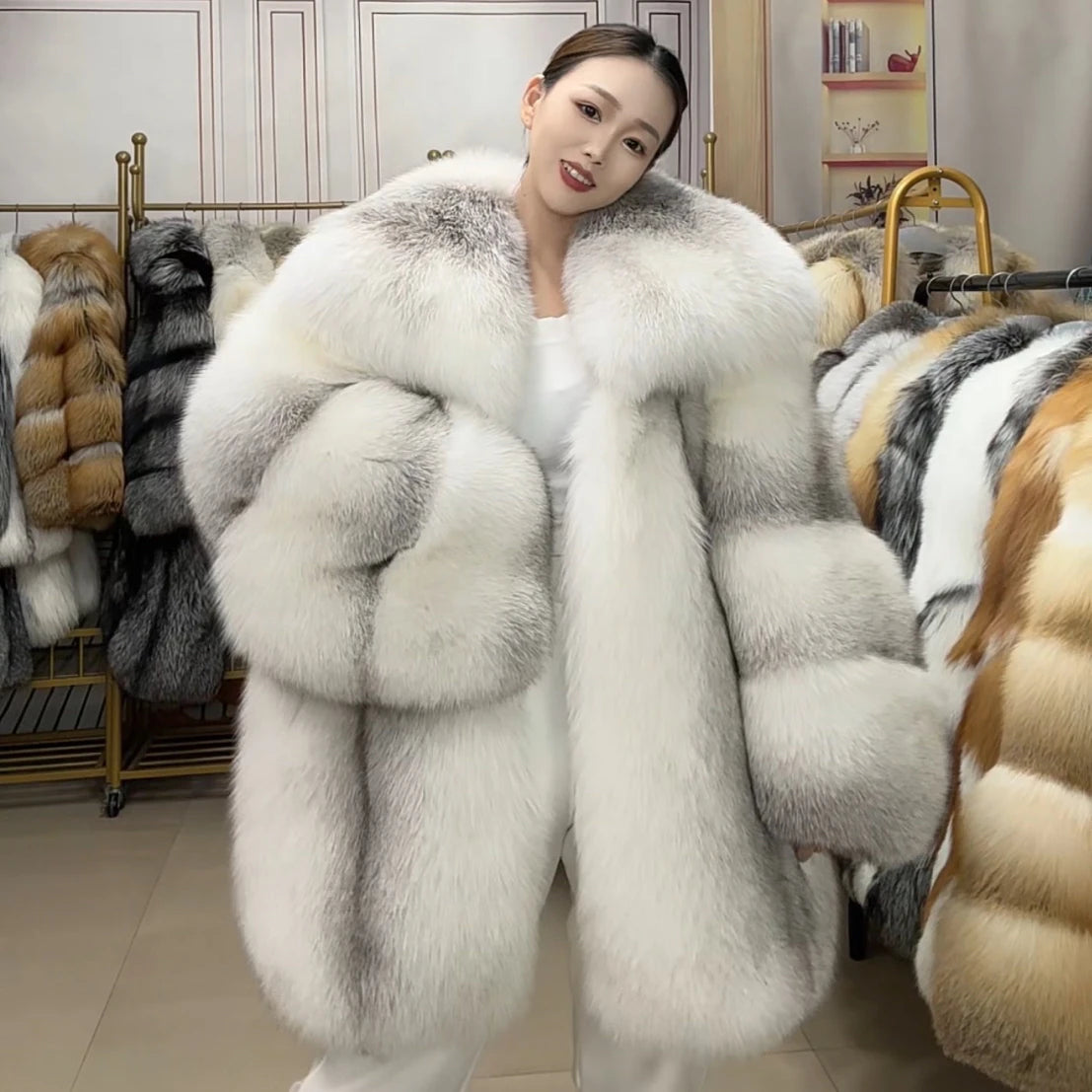2025New Winter Luxury Warm Finnish Fox Fur Grass Coat Women's Jacket Full Leather Medium Long Fashion Plus Size RealFox...