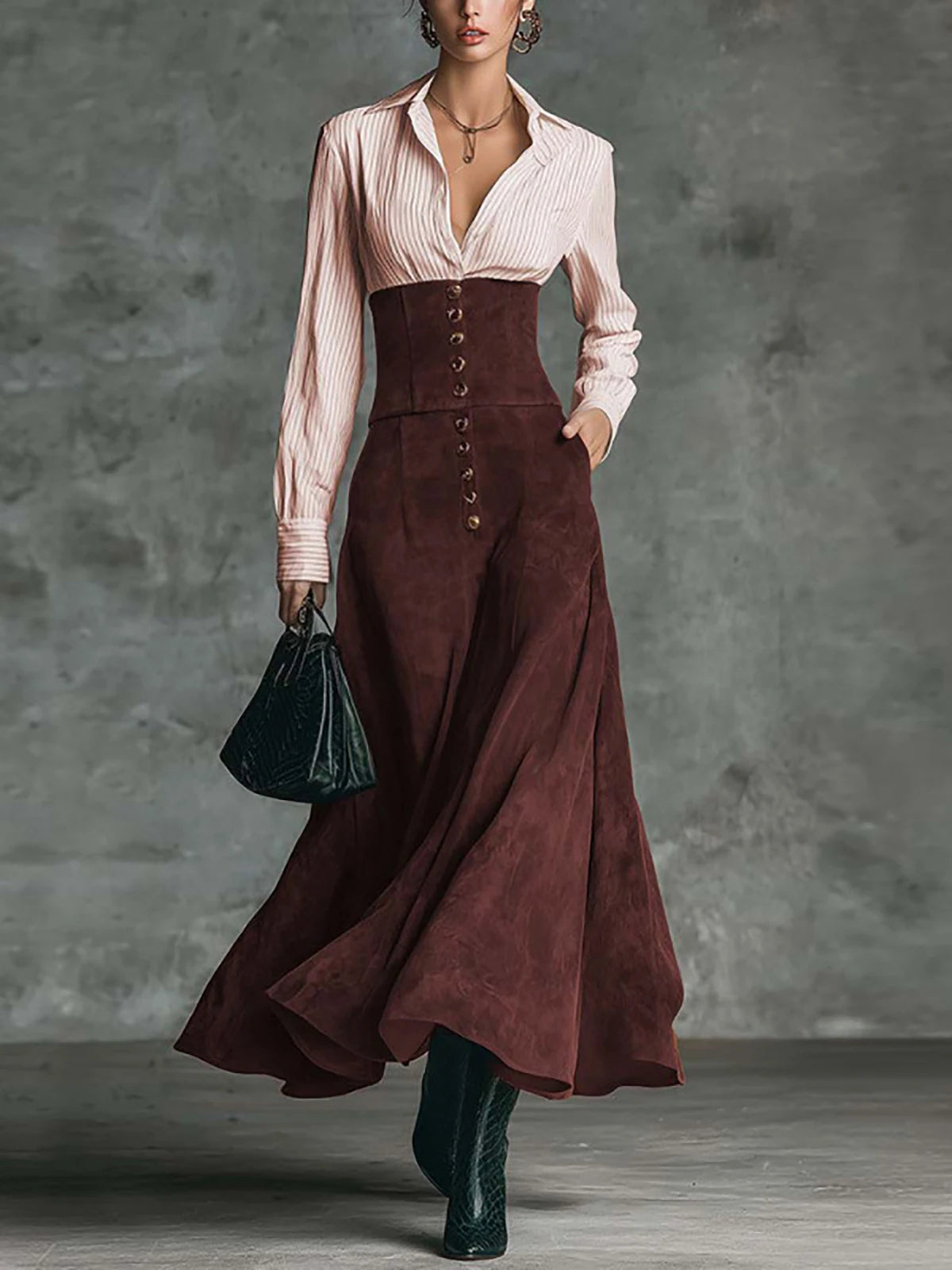 Women Elegant Light Pink Vertical Stripe Shirt Dress Chic High Waist Button Vintage Spring Maxi Dress Female Office Lady Dresses