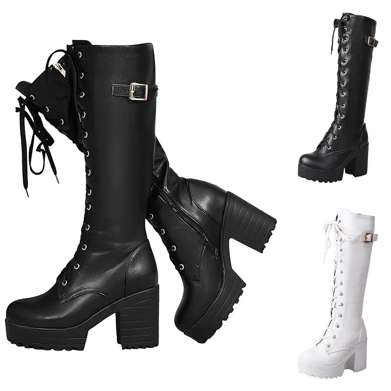 High Knee Boots For Women Heel Foreign Trade Chunky Heeled Thigh High Leather Boots Knee High Snow Boots