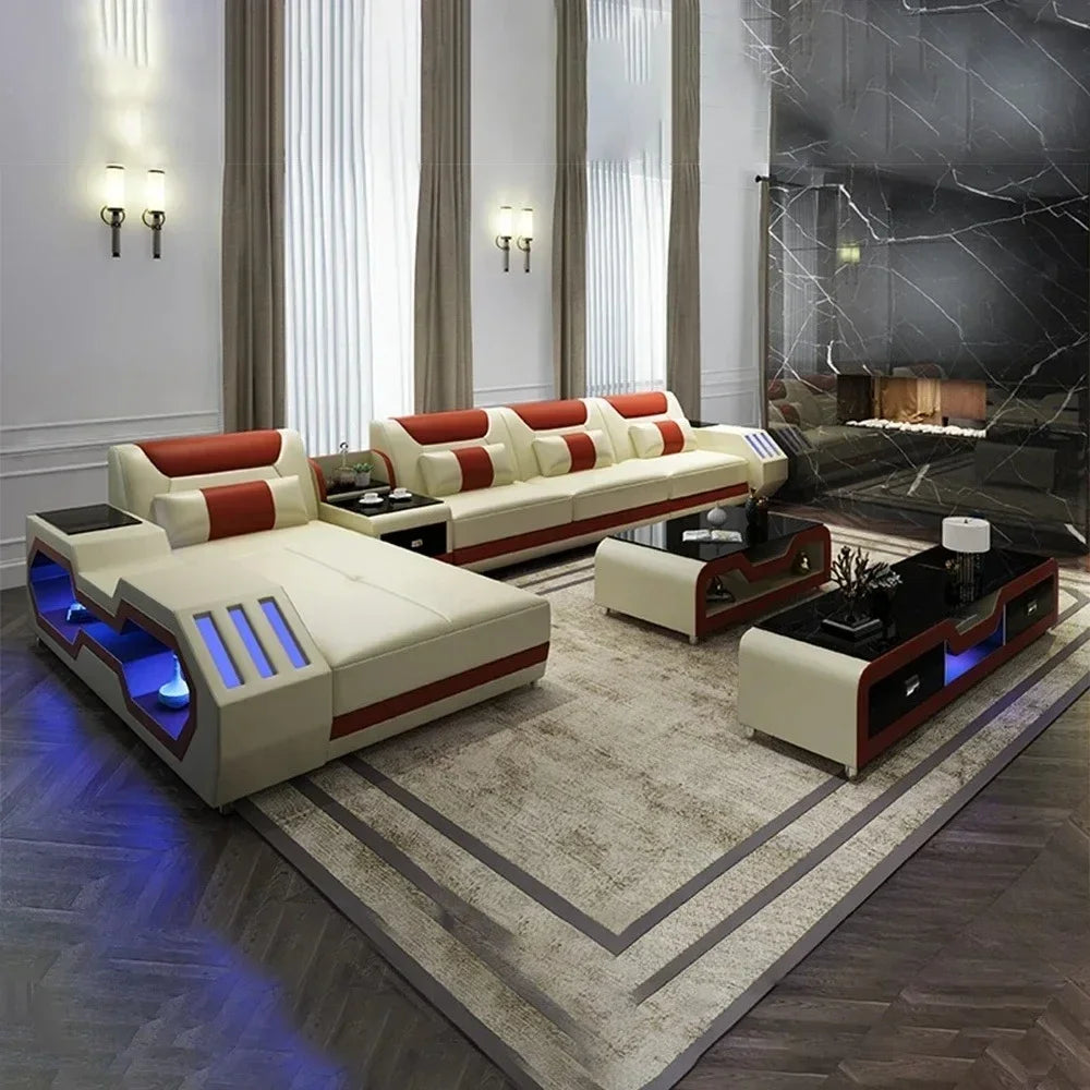 Modern LED Lighted Sofa Set with Recliner, Adjustable Headrest & Console | Luxury Leather Sectional Couch | Futuristic Furniture - Kimlud