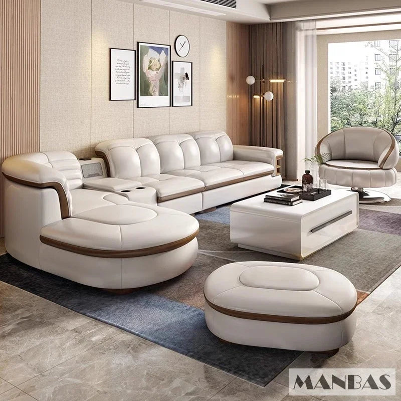 Luxury L-Shaped Genuine Leather Sectional Sofa Sets with USB, Bluetooth Speaker - Linlamlim Living Room Italian Leather Couches - Kimlud