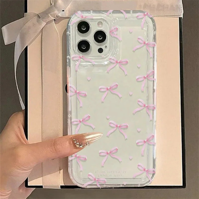 Cute Pink Heart Bow Phone Case for IPhone 17 16 15 14 13 12 11 Pro Max 13 12 Mini 17Air 16e Shockproof Soft Clear Cases Coque - Kimlud
