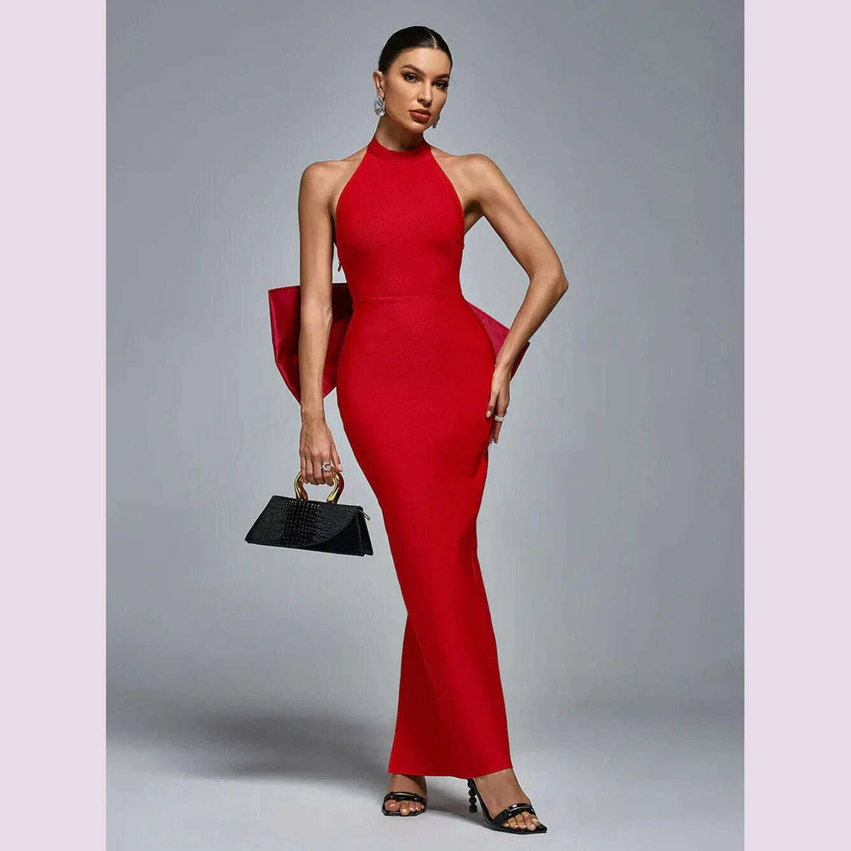 Modphy Party Bandage Bow Halter Evening Maxi Dress Women Sexy Backless Off Shoulder Sleeveless Long Female Dresses Lady Robes