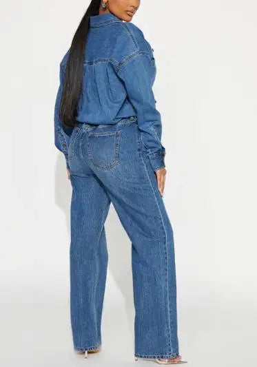 Jumpsuit Women 2026 New Spring Autumn Solid Color Pocket Design Turn-Down Collar Long Sleeved High Waist Casual Denim...