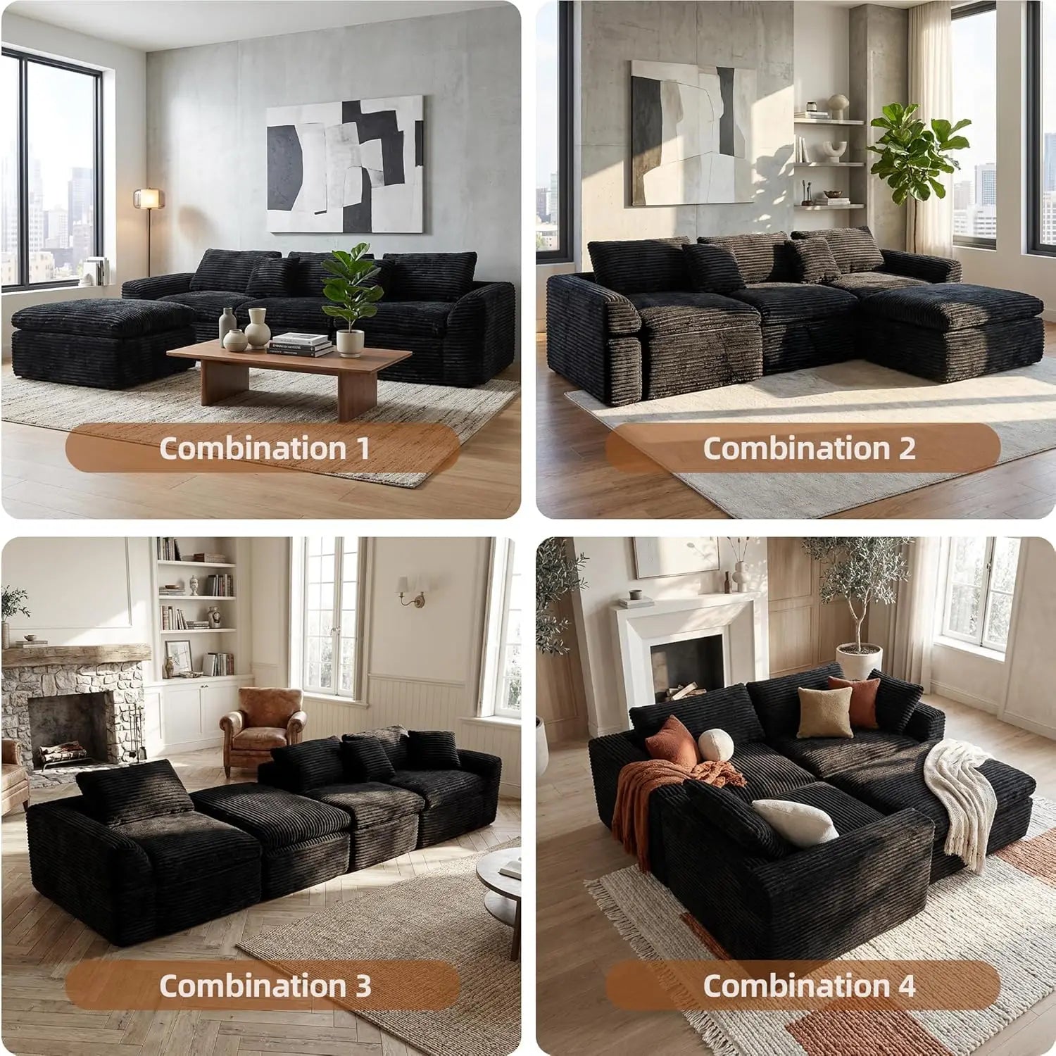 Boneless L-Shaped Modular Couch - 108 Inch Cloud Corduroy Sectional Sofa,Deep Seating Comfort, No Assembly, Ideal, Customized - Kimlud
