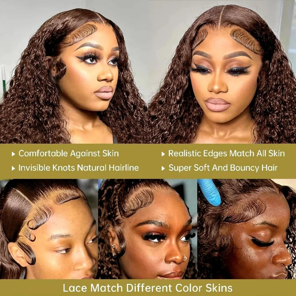 Chocolate Brown Deep Wave Glueless Wigs Human Hair Ready To Wear Pre-Cut Lace Wig 5x5 Wear Go Glueless Human Hair Wigs...