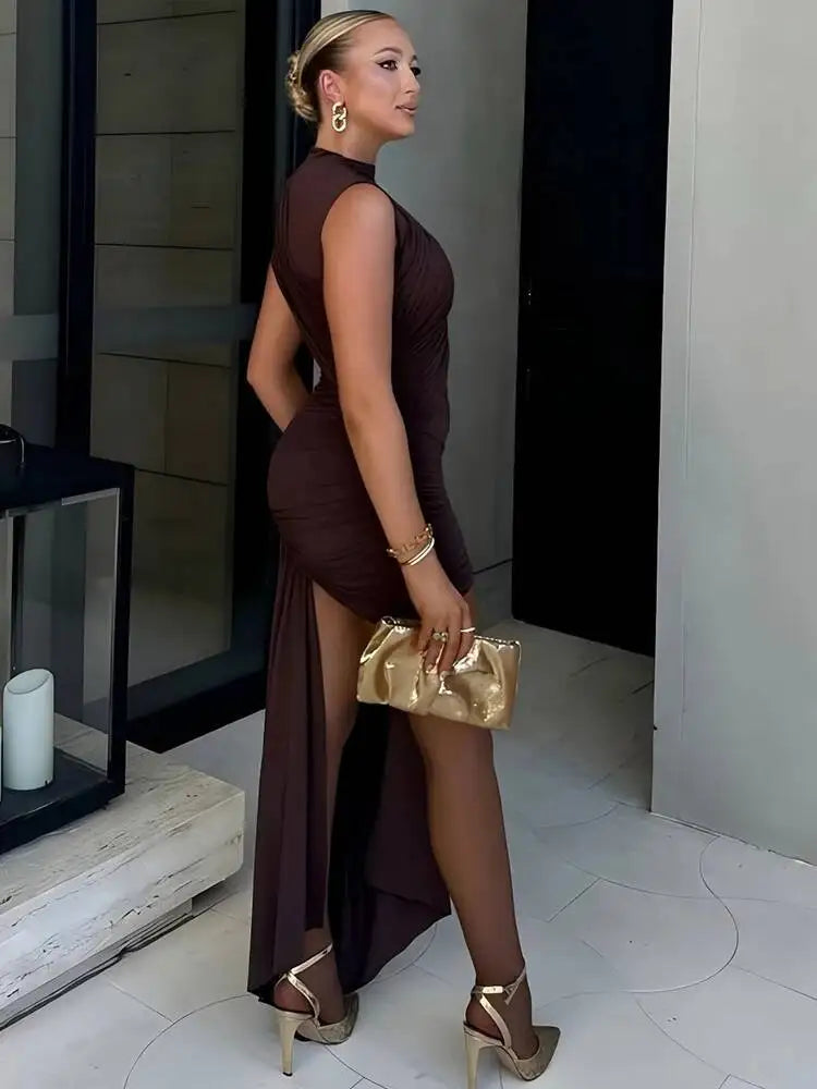 Irregular Round Neck Ruched Ribbon Women Dress Coffee Sleeveless High Waist Mini Dress Summer Slim Party Club Outfits YGZ8