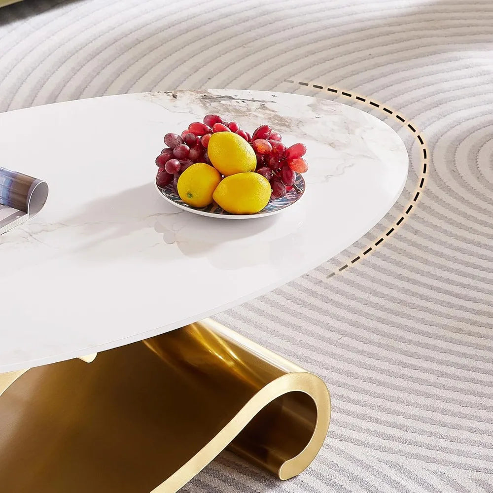49.2-Inch Modern Oval Faux Marble Coffee Table with Sturdy Gold Metal Base - Luxury Living Room Furniture for Home Decor - Kimlud