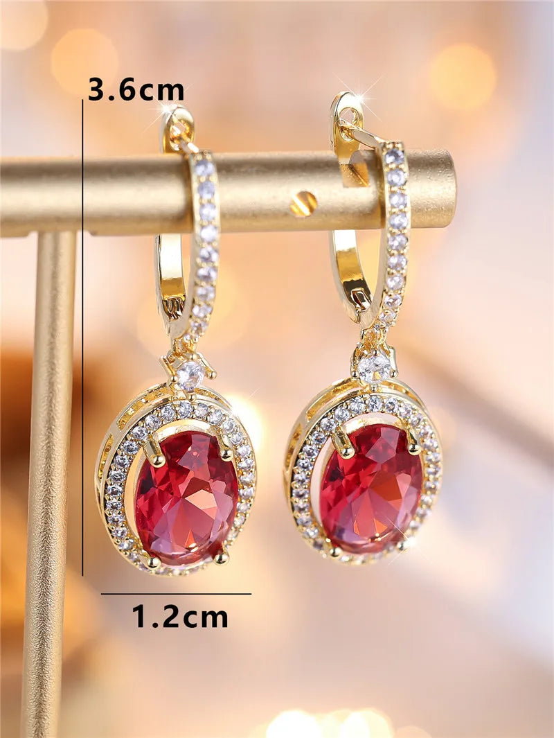 Luxury Female Rose Red Oval Zircon Stone Hoop Earrings Charm Gold Color Wedding Jewelry For Women