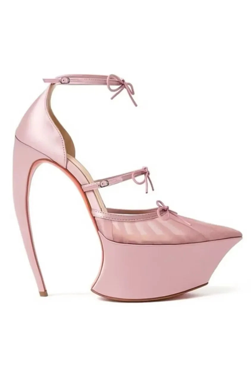 2026 Spring/Summer New Fashion Runway Satin Pink Ribbon Pointed-Toe Platform Stiletto Heel Ballet Bow High-Heeled Pump...