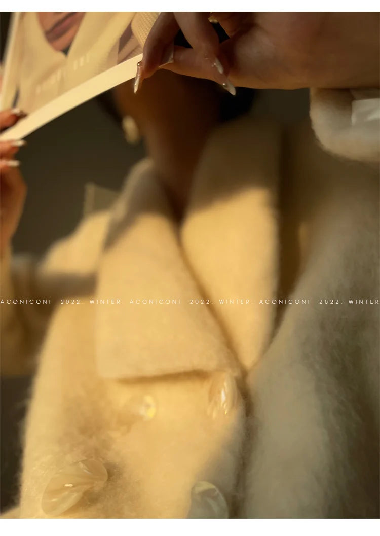 Lautaro Winter Long Vintage White Thick Warm Fluffy Wool Blends Coat Women Double Breasted Elegant Luxury Designer...