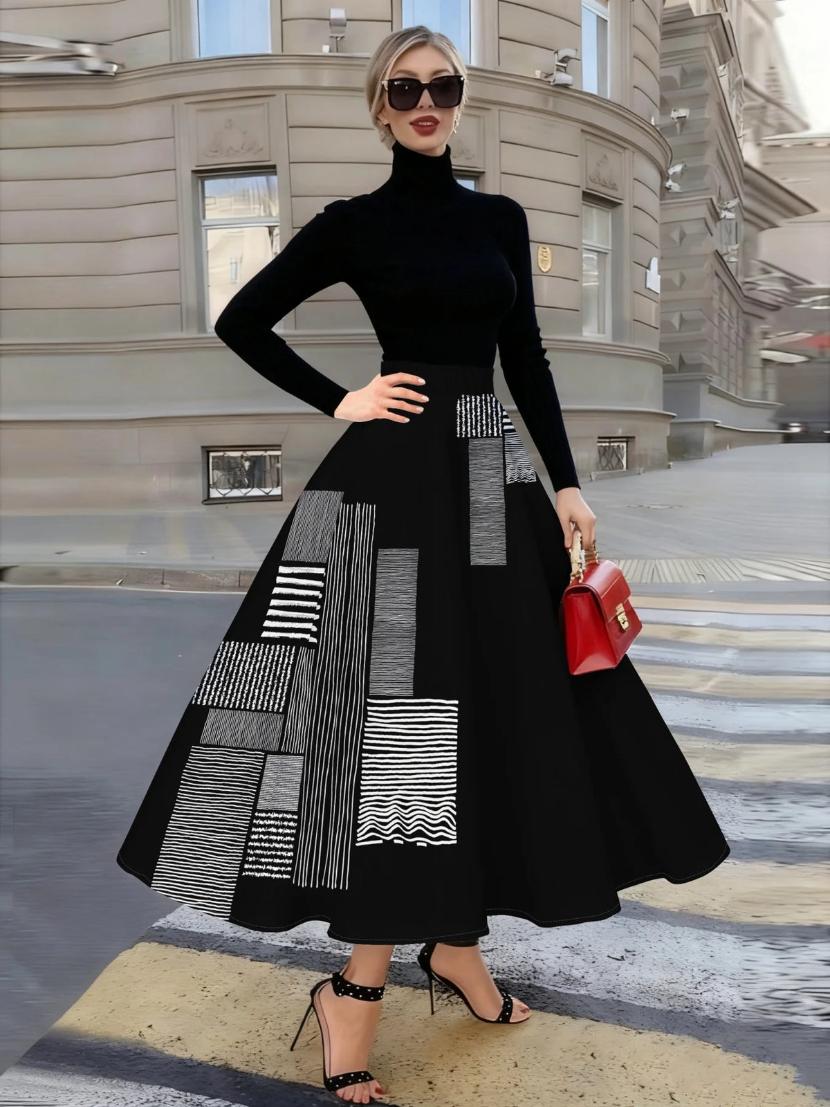 Printed Design suitable for all four seasons Geometric Stripes And Lines Pattern vacation style elegant style women's half skirt