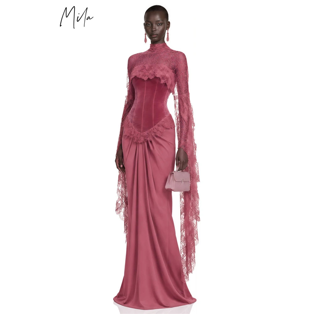 Mila Custom Dusty Rose High Neck Lace Long Flounce Sleeve Mermaid Prom Dress Spliced Velvet Formal Evening Gown Homecoming Dress - Kimlud