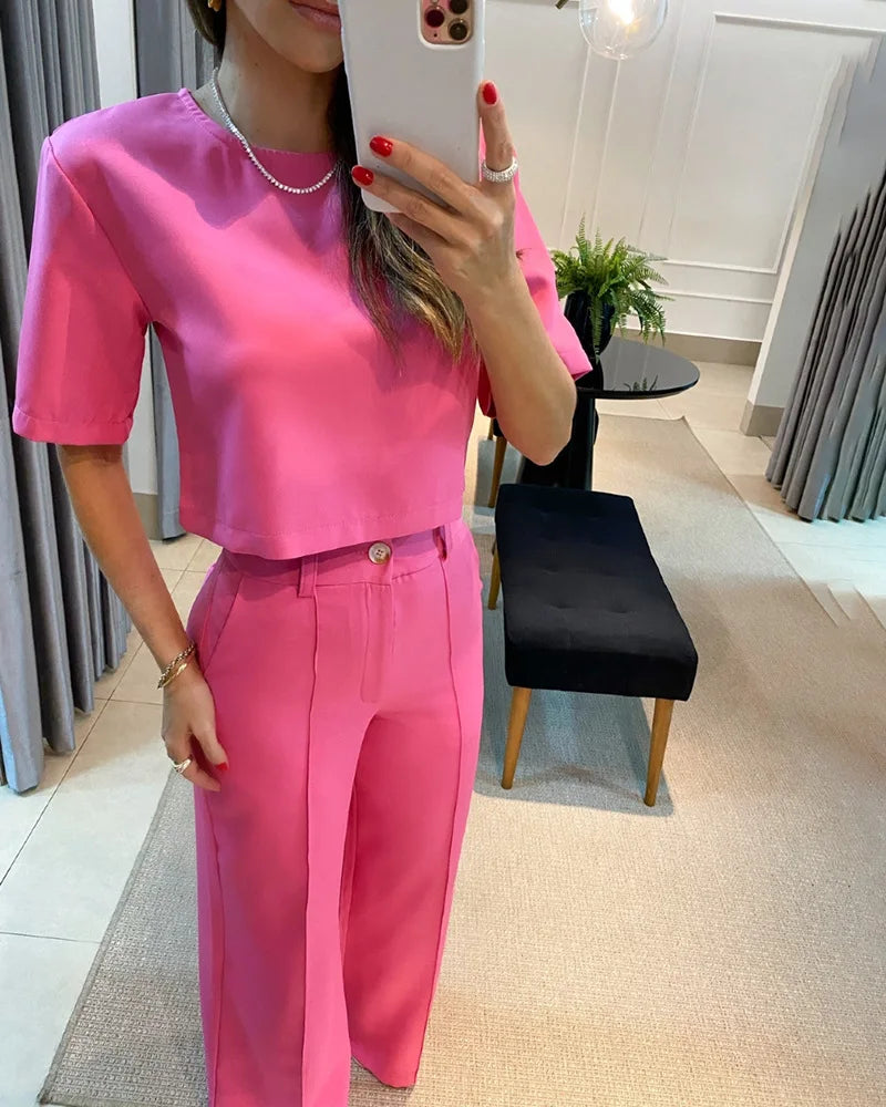Summer New Temperament Commuter Solid Color Short-Sleeved Suit Pants Fashion Casual Suit Women's Two Pieces Set New In Matching