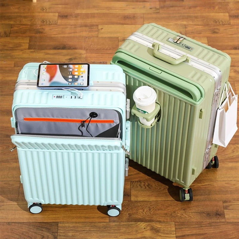 Aluminum Framed Front Open Suitcase Carry-on Bag Wide Handle Luggage Multifunctional 20/28-inch Impact Resistant Travel Bag