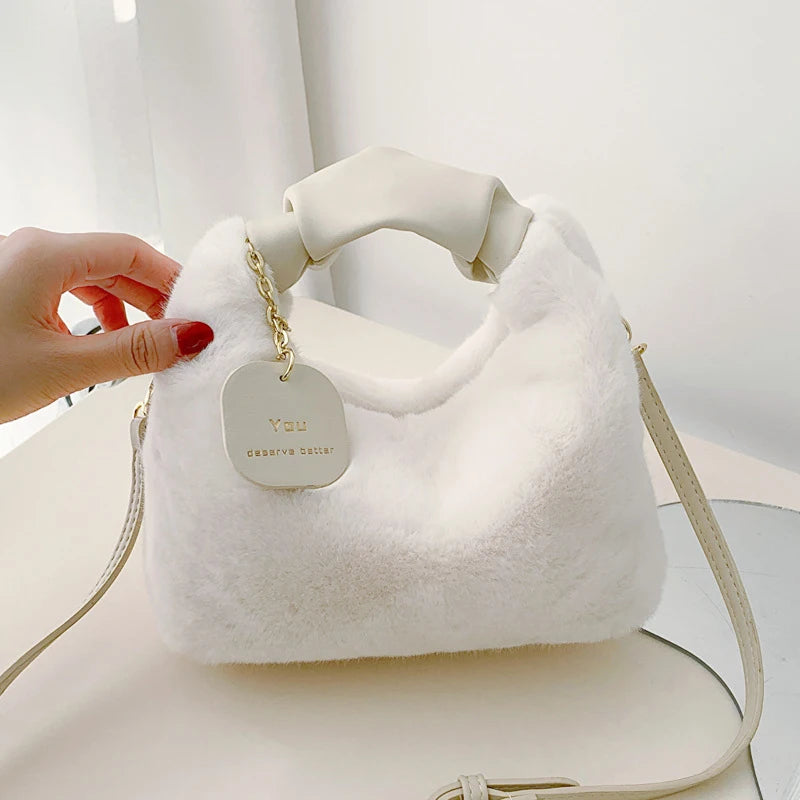 Women Faux Fur Plush Handbags Ruched Handle Small Lady Shoulder Crossbody Bag Casual Half-Moon Hobos Winter Bags for Women