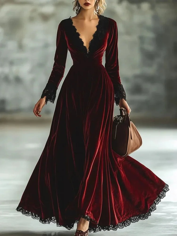 Elegant Velvet Dress for Women's Autumn Casual Sexy V-Neck Vintage Solid Lace Hem High Waist Pleated A-line Evening...