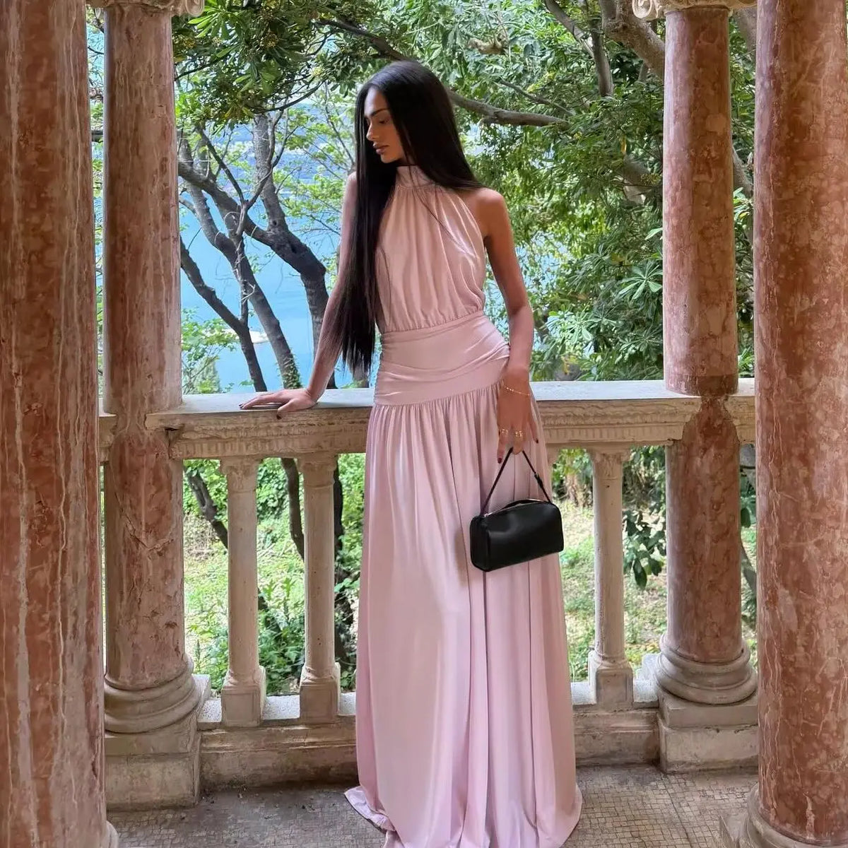 Ofherown Satin A-Line Formal Party Dress Blush Pink Halter Neck Evening Dress Prom Gown With Ruched Waist Open Back